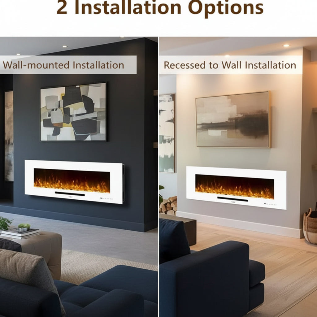 50 Inch Electric Fireplace, Recessed & Wall Mounted Fireplace Heater with Remote Control and 750/1500W Thermostat, Multicolor Flame Combinations, Logs & Crystal, White