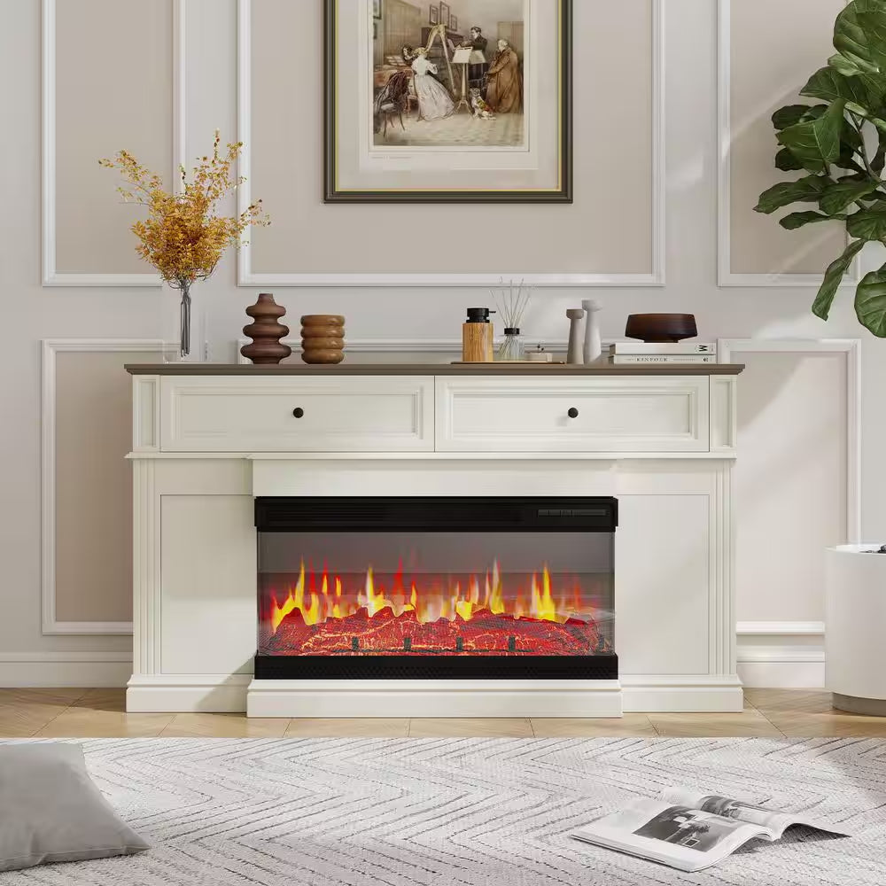 63 In. Freestanding Engineered Wood Electric Fireplace TV Stand in White