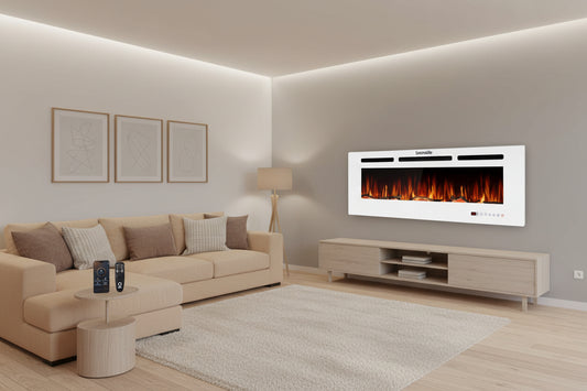 Serenelife 50 Inch Electric Fireplace Heater with LED Flame, Smart Wi-Fi, Remote, Thermostat, 13 Color Modes, Recessed or Wall Mounted Fire Place, Quiet Operation, Overheat Protection, White Frame