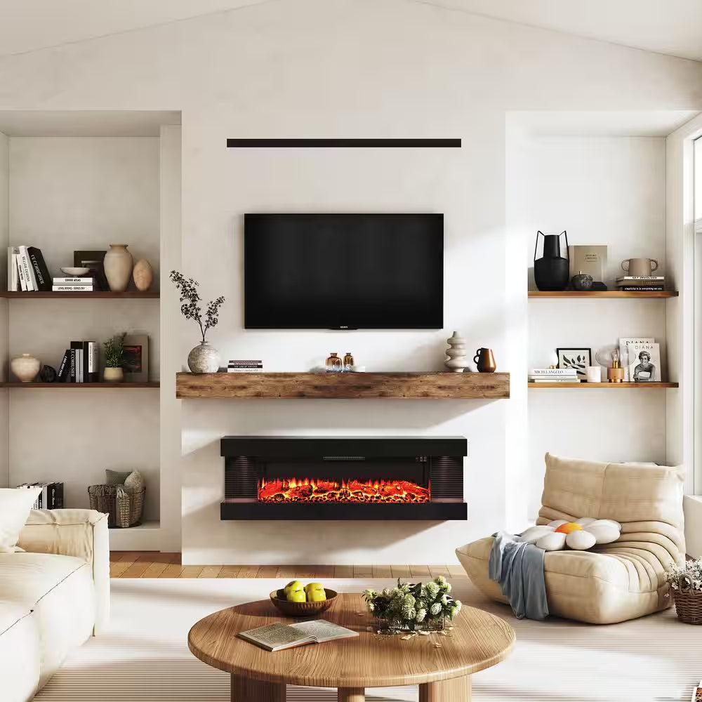 50 In. 3-Sided Wall-Mounted Metal Electric Fireplace with Mantel, LED Flame, Side Ambient Lights, Remote, Timer in Black