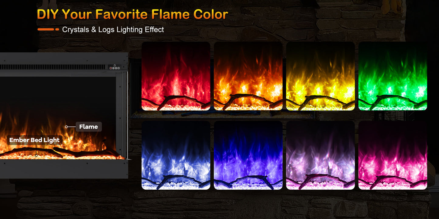 Studio 80 Inch 3-Sided Electric Fireplace Insert - 8-Color Realistic Flames - Remote 750W/1500W Heater - Safe ETL Certified