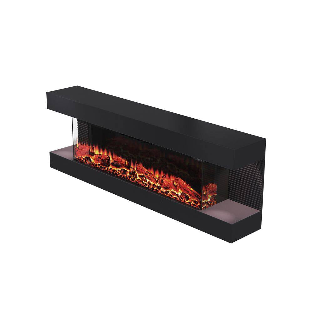 50 In. 3-Sided Wall-Mounted Metal Electric Fireplace with Mantel, LED Flame, Side Ambient Lights, Remote, Timer in Black