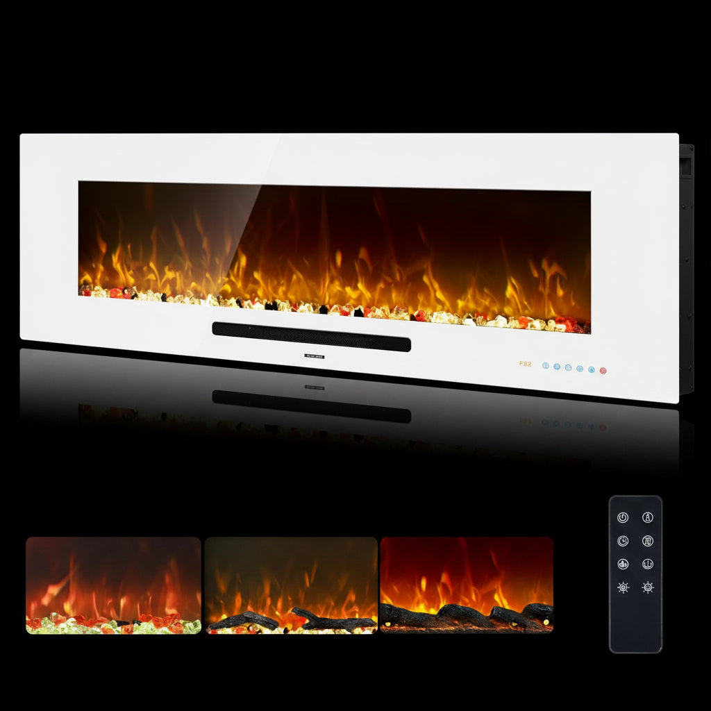 50 Inch Electric Fireplace, Recessed & Wall Mounted Fireplace Heater with Remote Control and 750/1500W Thermostat, Multicolor Flame Combinations, Logs & Crystal, White