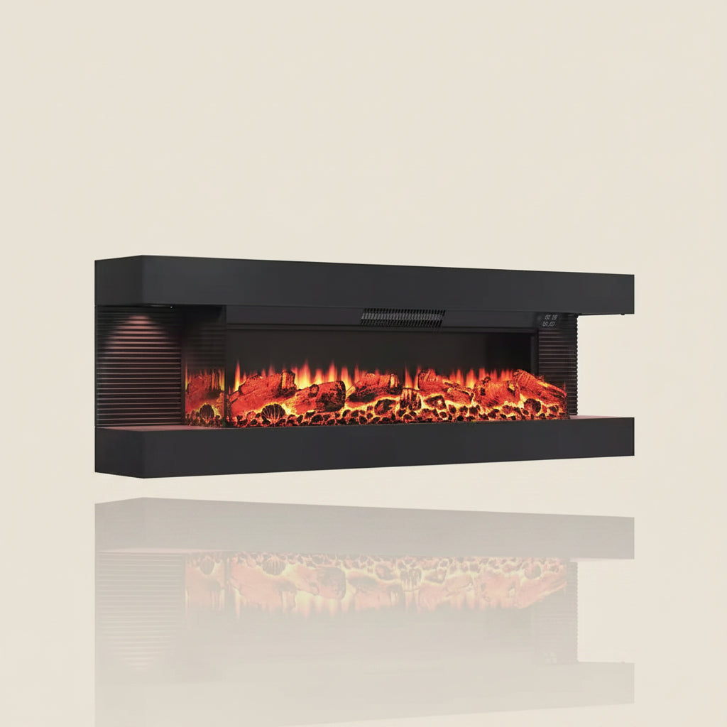 50 In. 3-Sided Wall-Mounted Metal Electric Fireplace with Mantel, LED Flame, Side Ambient Lights, Remote, Timer in Black