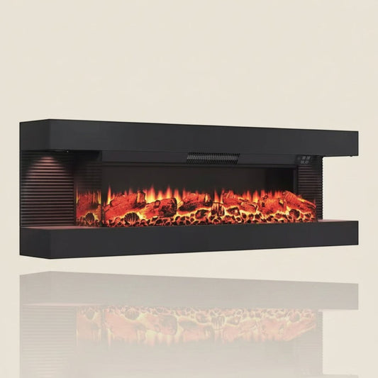 50 In. 3-Sided Wall-Mounted Metal Electric Fireplace with Mantel, LED Flame, Side Ambient Lights, Remote, Timer in Black