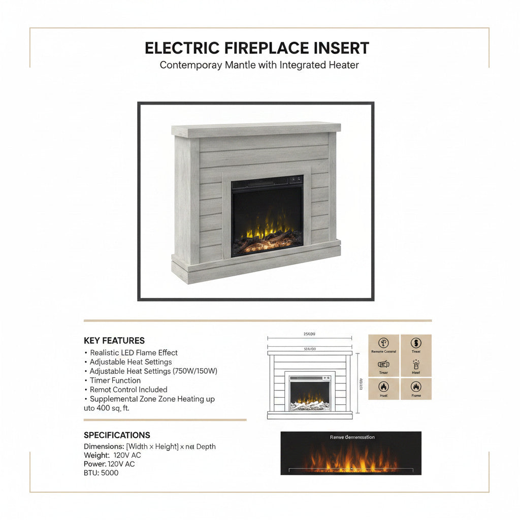 EZ Ember Alaya electric fireplace mantel in rustic oak with shiplap design and realistic LED flame insert
