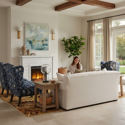 EZ Ember Alaya electric fireplace mantel in rustic oak with shiplap design in a cozy living room with a woman reading