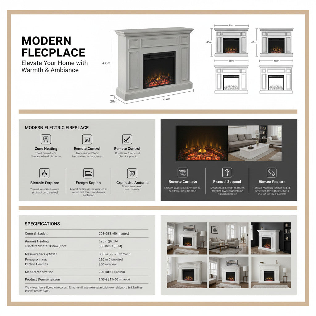 EZ Ember Sand & Stable Alaya electric fireplace mantel with shiplap design, rustic oak finish, and heating specs.