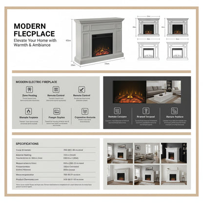 EZ Ember Sand & Stable Alaya electric fireplace mantel with shiplap design, rustic oak finish, and heating specs.