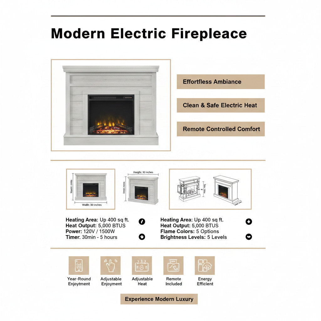 EZ Ember Sand & Stable Alaya electric fireplace mantel with shiplap design, rustic oak finish, and heating specs.