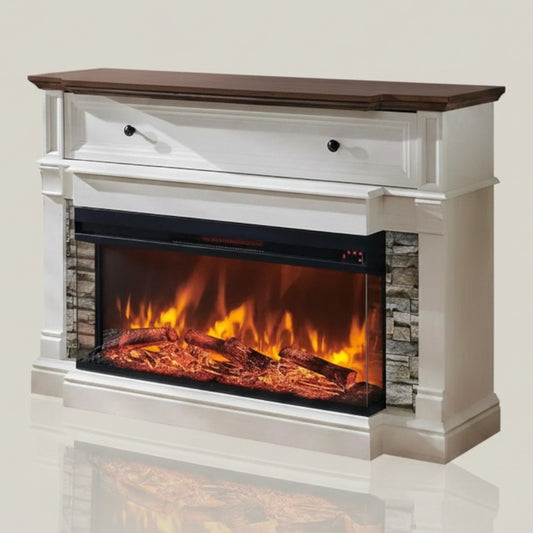 EZ Ember 65-inch antique white electric fireplace TV stand with a dark wood mantel and realistic stone-look accents.