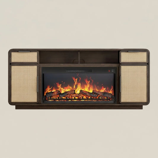 EZ Ember 68-inch boho TV stand with rattan cabinet doors and a built-in 36-inch electric fireplace insert.