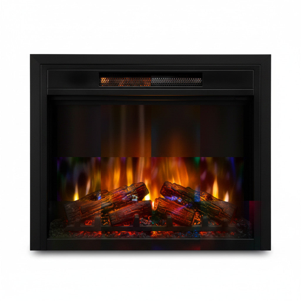 EZ Ember electric firebox insert with realistic multicolor LED flames and glowing logs behind tempered glass.