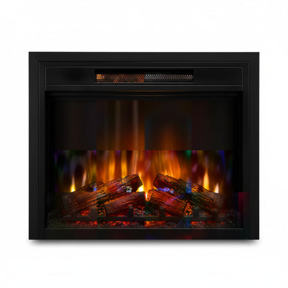 EZ Ember electric firebox insert with realistic multicolor LED flames and glowing logs behind tempered glass.