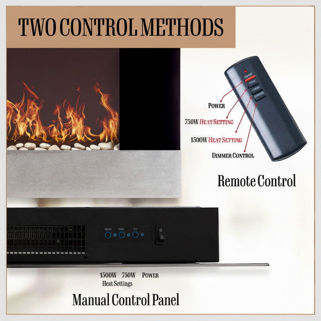 EZ Ember wall-mounted electric fireplace showing remote control and manual heat setting control panel