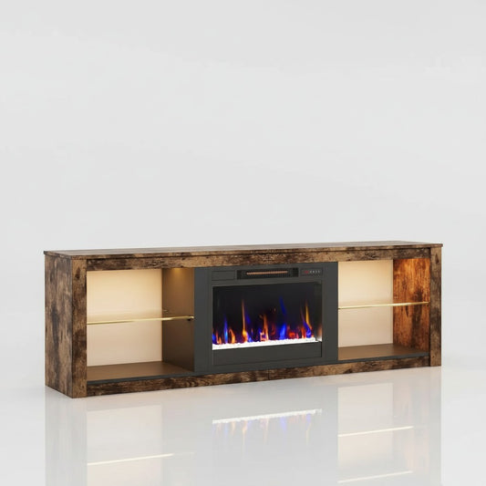 EZ Ember 70-inch rustic brown and black TV stand with a built-in electric fireplace and integrated LED shelf lighting.