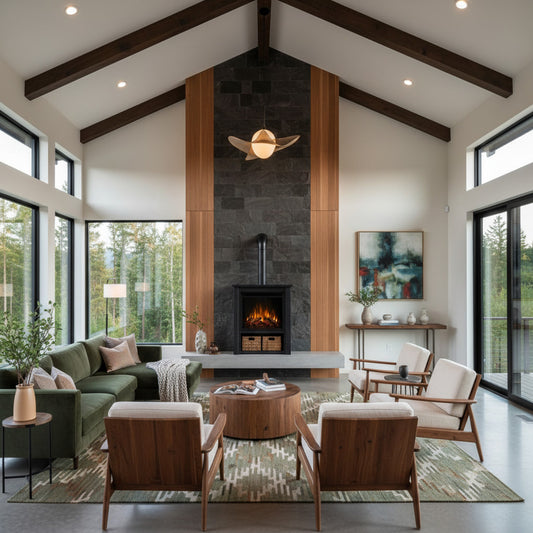 EZ Ember Real Flame Hollis electric fireplace stove with chimney in a modern living room with green sofa and chairs.