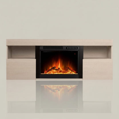 EZ Ember COWSAR Vaneta 59-inch light oak electric fireplace TV stand with realistic 3D flame effect and storage.
