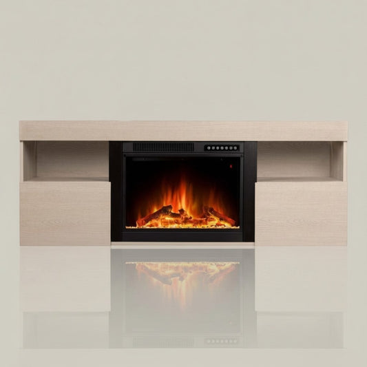 EZ Ember COWSAR Vaneta 59-inch light oak electric fireplace TV stand with realistic 3D flame effect and storage.