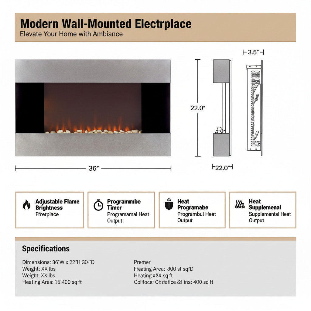 EZ Ember 36-inch wall-mounted electric fireplace with silver frame, LED flames, and technical dimension diagram.