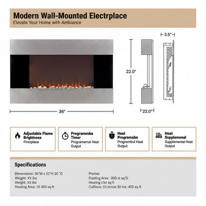EZ Ember 36-inch wall-mounted electric fireplace with silver frame, LED flames, and technical dimension diagram.