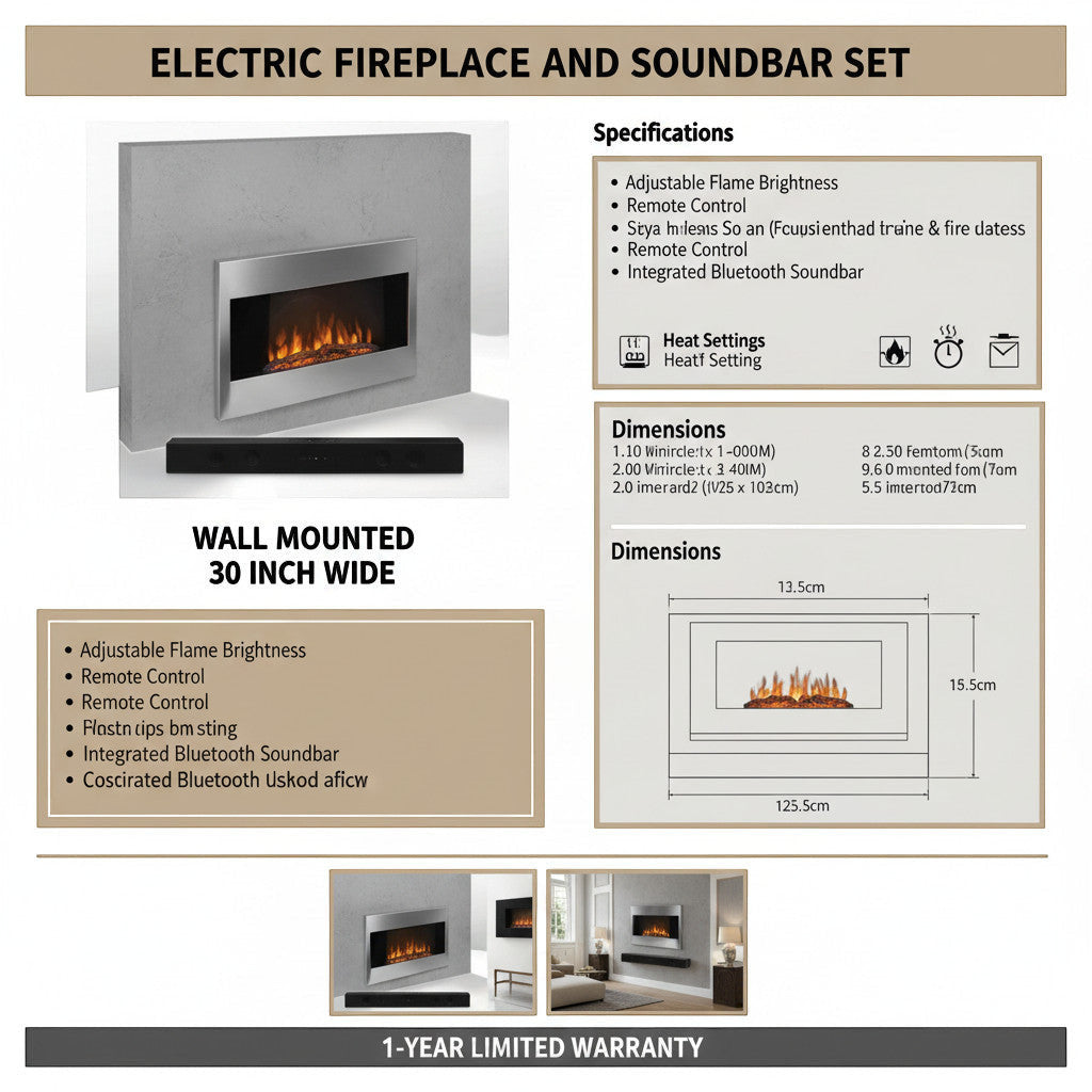 EZ Ember wall-mounted electric fireplace with integrated Bluetooth soundbar, silver frame, and realistic LED flames.