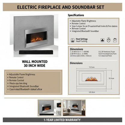 EZ Ember wall-mounted electric fireplace with integrated Bluetooth soundbar, silver frame, and realistic LED flames.