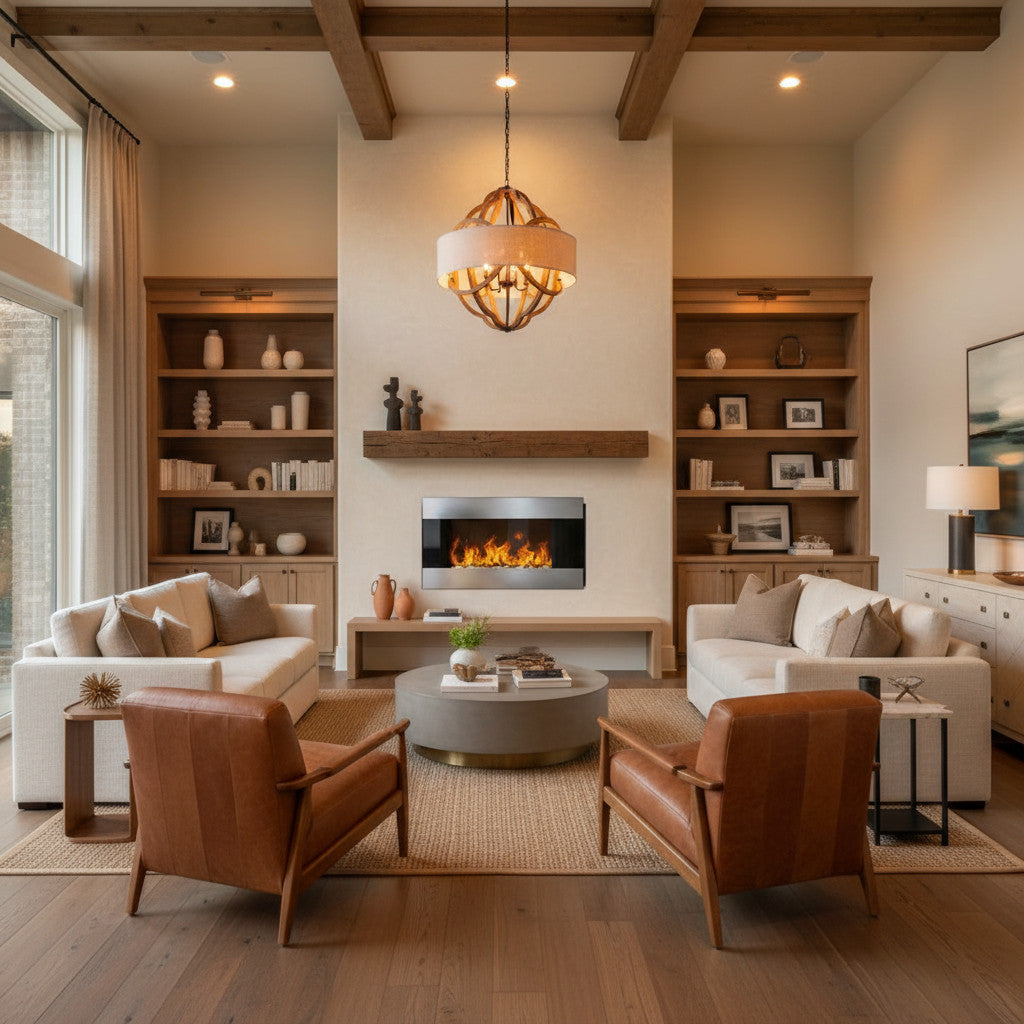 EZ Ember 36-inch wall-mounted electric fireplace with silver frame and glowing LED flames in a modern living room