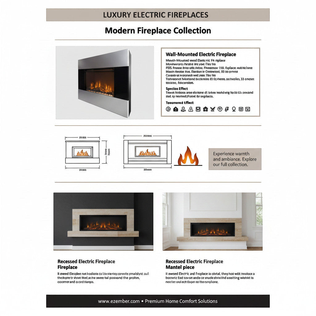 EZ Ember 36-inch wall-mounted electric fireplace with silver finish, glass front, and realistic LED flame display.