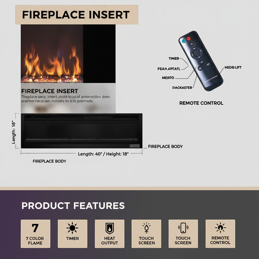 EZ Ember 36-inch wall-mounted electric fireplace with LED flames, remote control, and seven color settings.