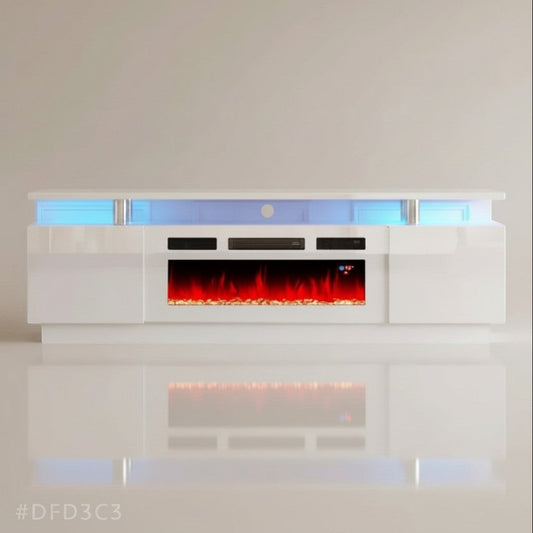 EZ Ember 72-inch modern white high-gloss TV stand with integrated electric fireplace and blue LED ambient lighting.