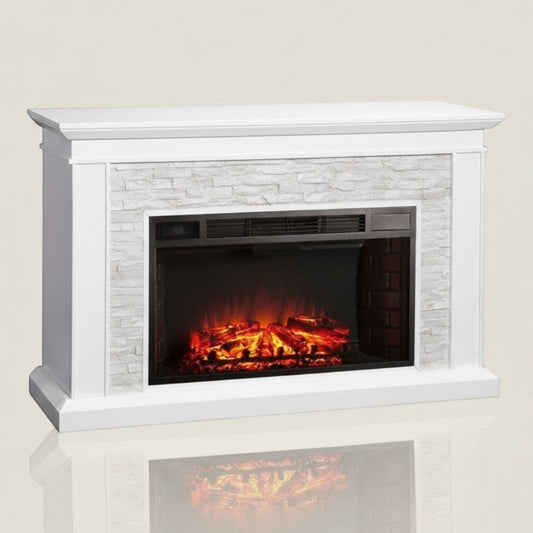 EZ Ember 55-inch white electric fireplace mantel with a realistic LED flame effect and textured stacked ledgestone surround.