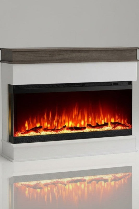 EZ Ember 62-inch panoramic electric fireplace with a white mantel and a dark wood top shelf on a white background.