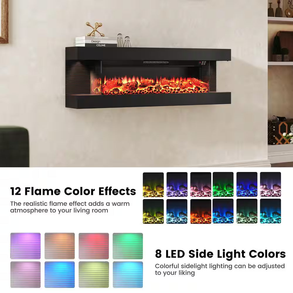 50 In. 3-Sided Wall-Mounted Metal Electric Fireplace with Mantel, LED Flame, Side Ambient Lights, Remote, Timer in Black
