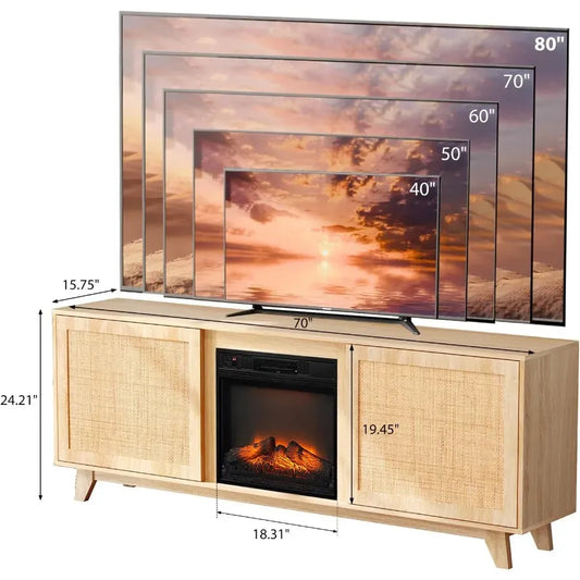 VINGLI 70 Inch Fireplace TV Stand Rattan Entertainment Center - Wood