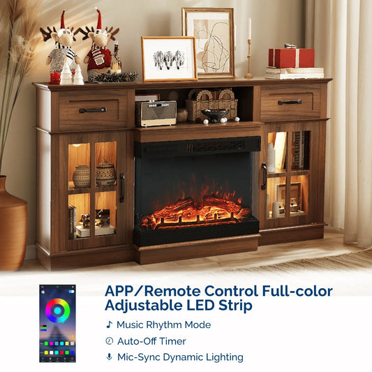 TruFlame 58 Inch Electric Fireplace TV Stand - Walnut Brown - Lattice Doors