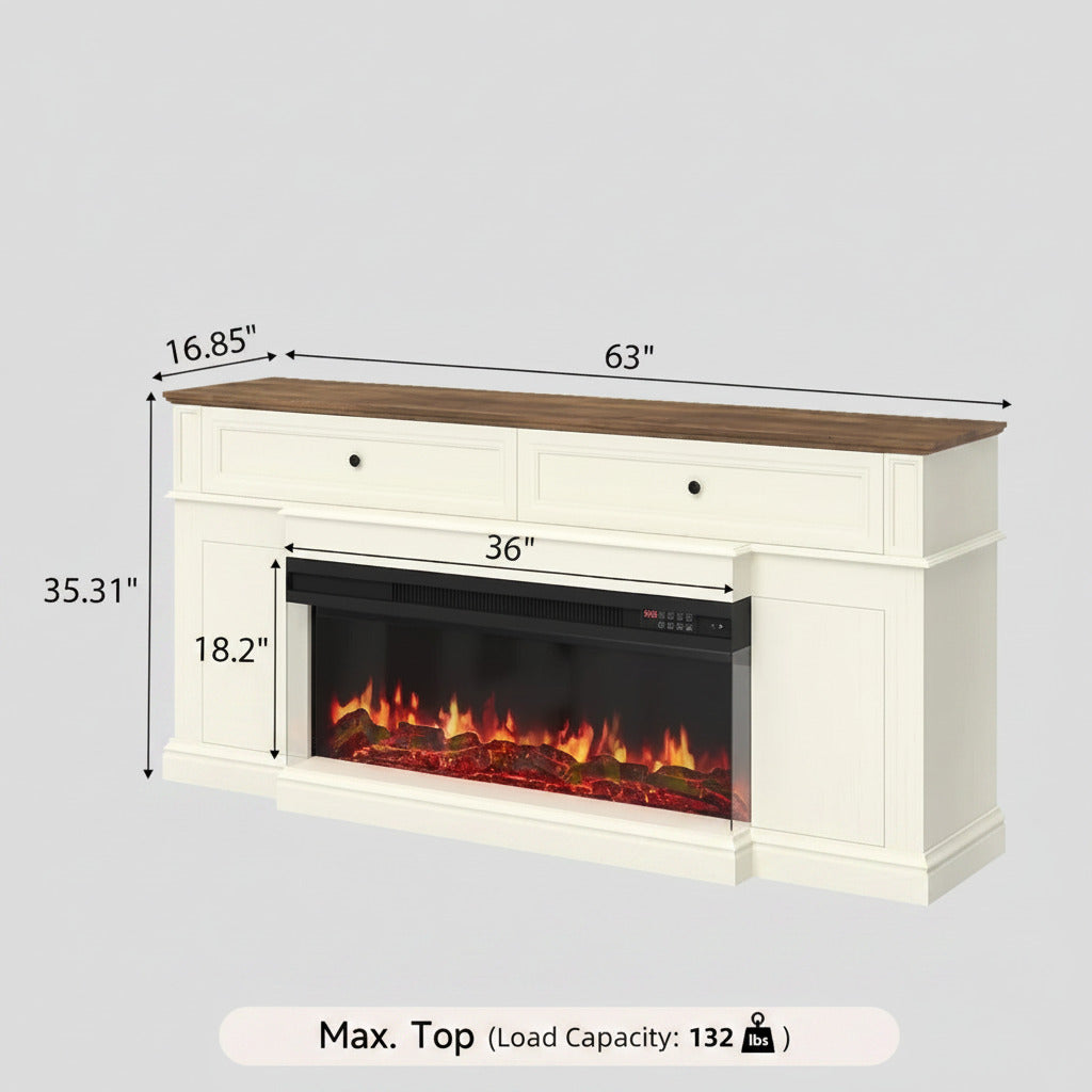 GenFlame 63 Inch Fireplace Mantel 3 Sided Modern Media Console - Antique White