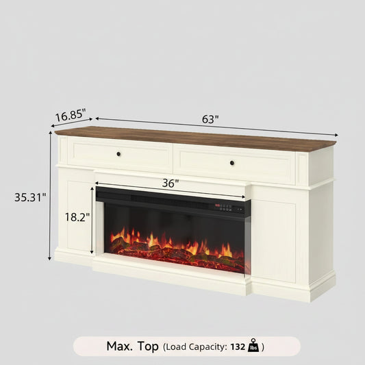 GenFlame 63 Inch Fireplace Mantel 3 Sided Modern Media Console - Antique White