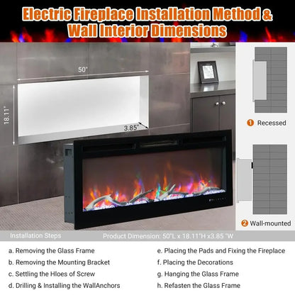 Home Glow 50-Inch Electric Fireplace Insert Wall or Recessed Mount 1500W - With Remote