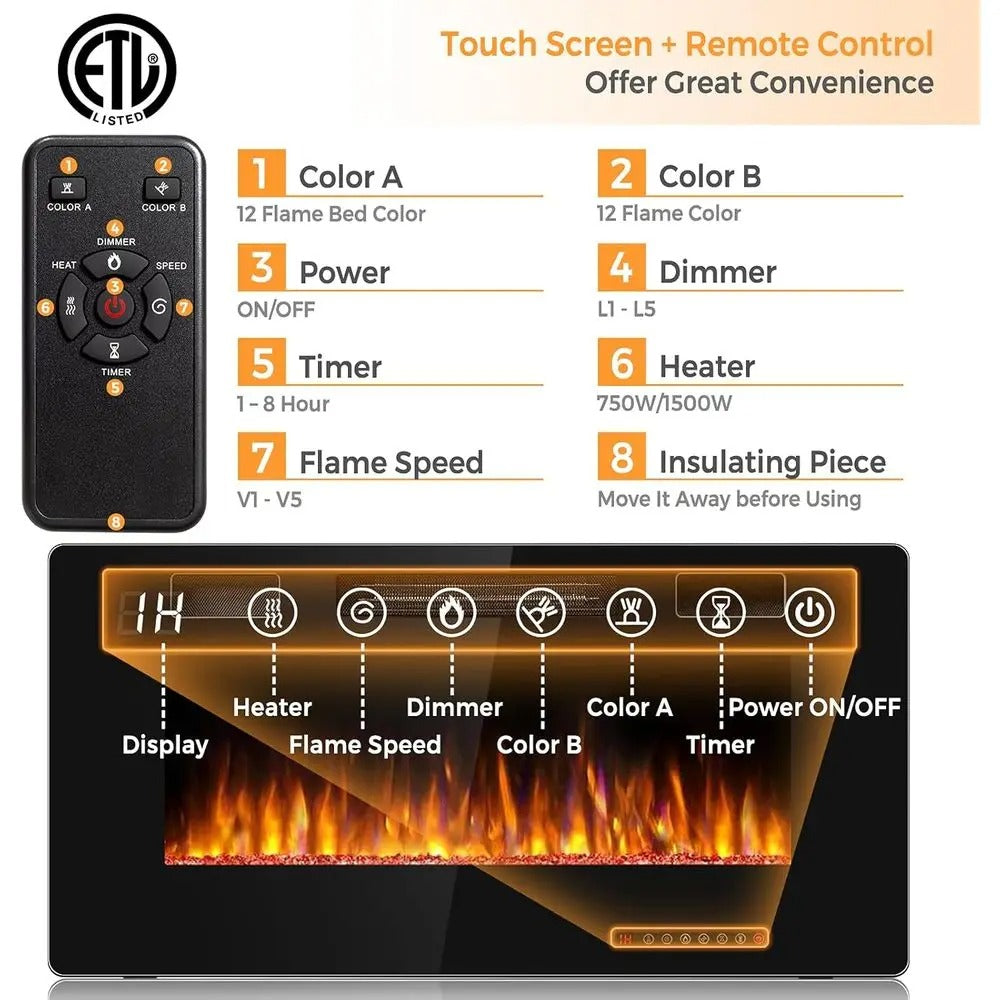 GenFlame 36 Inch Electric Fireplace Insert Wall Mounted Recessed Heater Remote Control