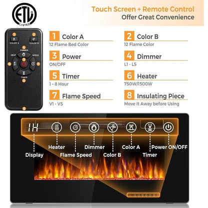 GenFlame 36 Inch Electric Fireplace Insert Wall Mounted Recessed Heater Remote Control