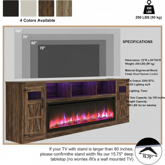 TruFlame 95 Inch Electric Fireplace TV Stand - LED Lights