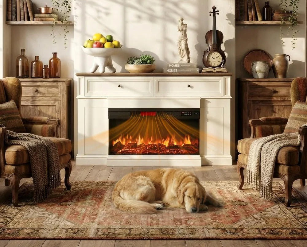 GenFlame 63 Inch Fireplace Mantel 3 Sided Modern Media Console - Antique White