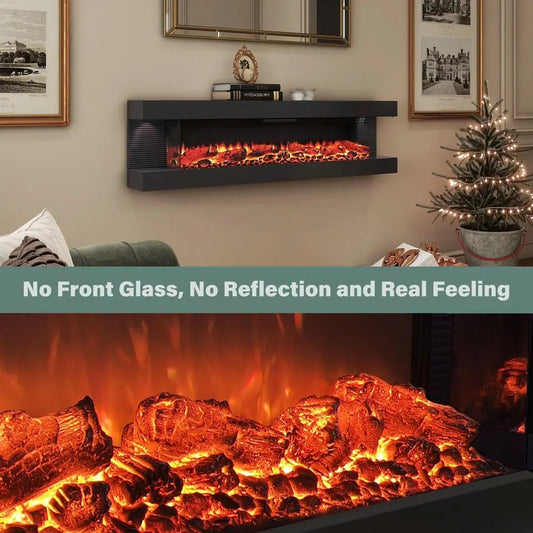 GenFlame 50 Inch Electric Fireplace with Floating Mantel - 3 Sided Wall-Mounted Metal - Remote - Black