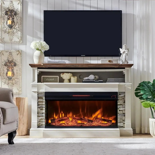 TruFlame 52 Inch Freestanding Electric Fireplace Mantel - 3 Sided with Storage Cabinet - Antique White