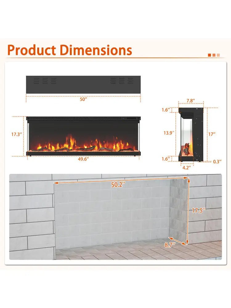 TruFlame 50 Inch Electric Fireplace Insert Wall Mount 3 Sided- with Remote Control